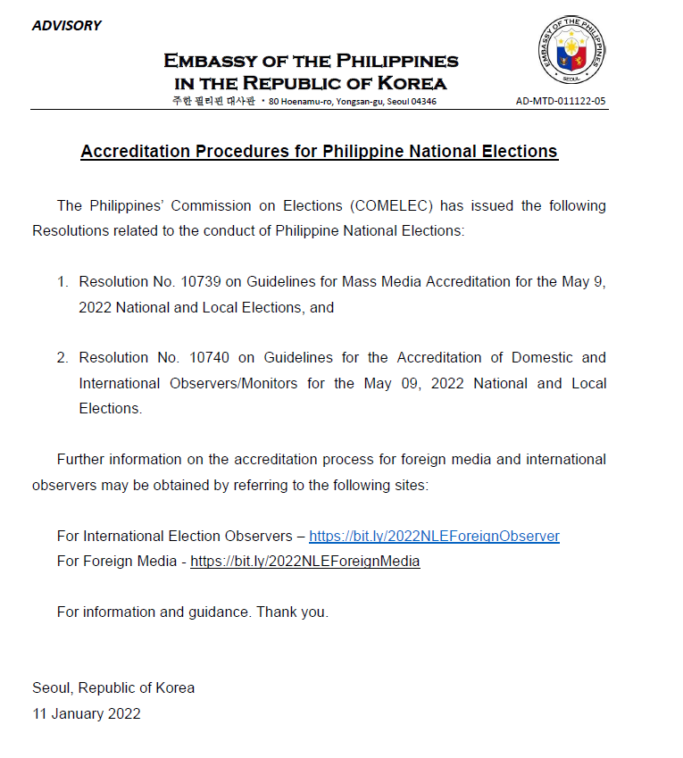 AdvNo05 Accreditation Procedures for Philippine National Elections