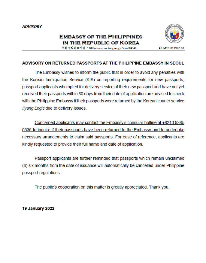 AdvNo08 Returned passports at the Philippine Embassy
