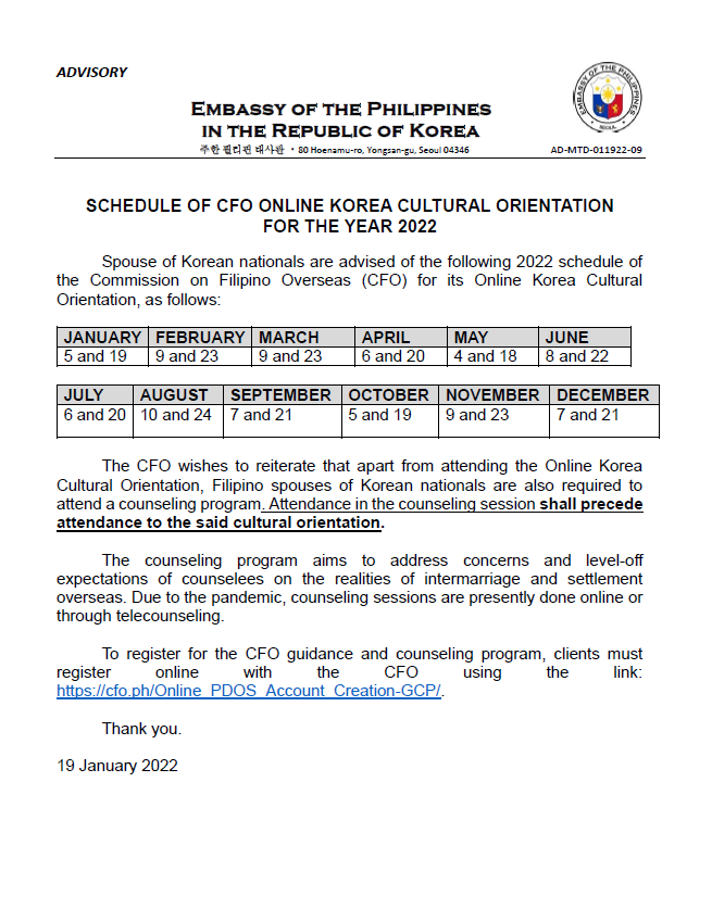 AdvNo09 Schedule of CFO seminar and cultural orientation for 2022