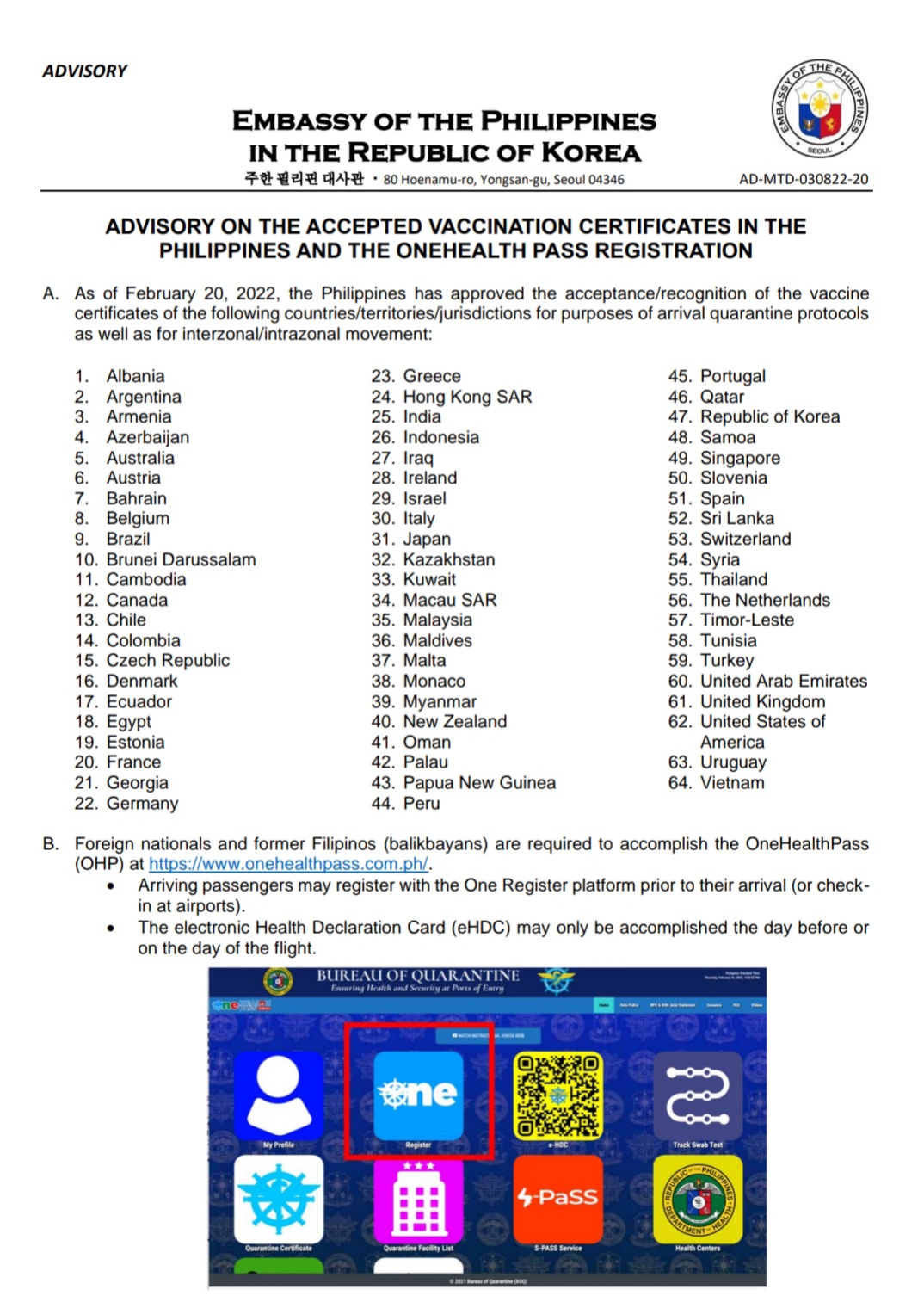 AdvNo20 Accepted Vaxx Cert in the PH and OneHealthPass Registration