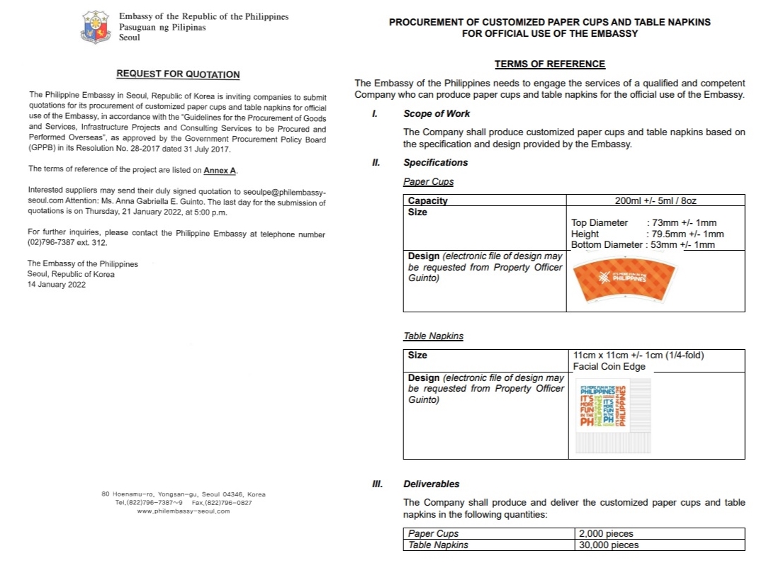 RFQ Paper Cups and Napkins