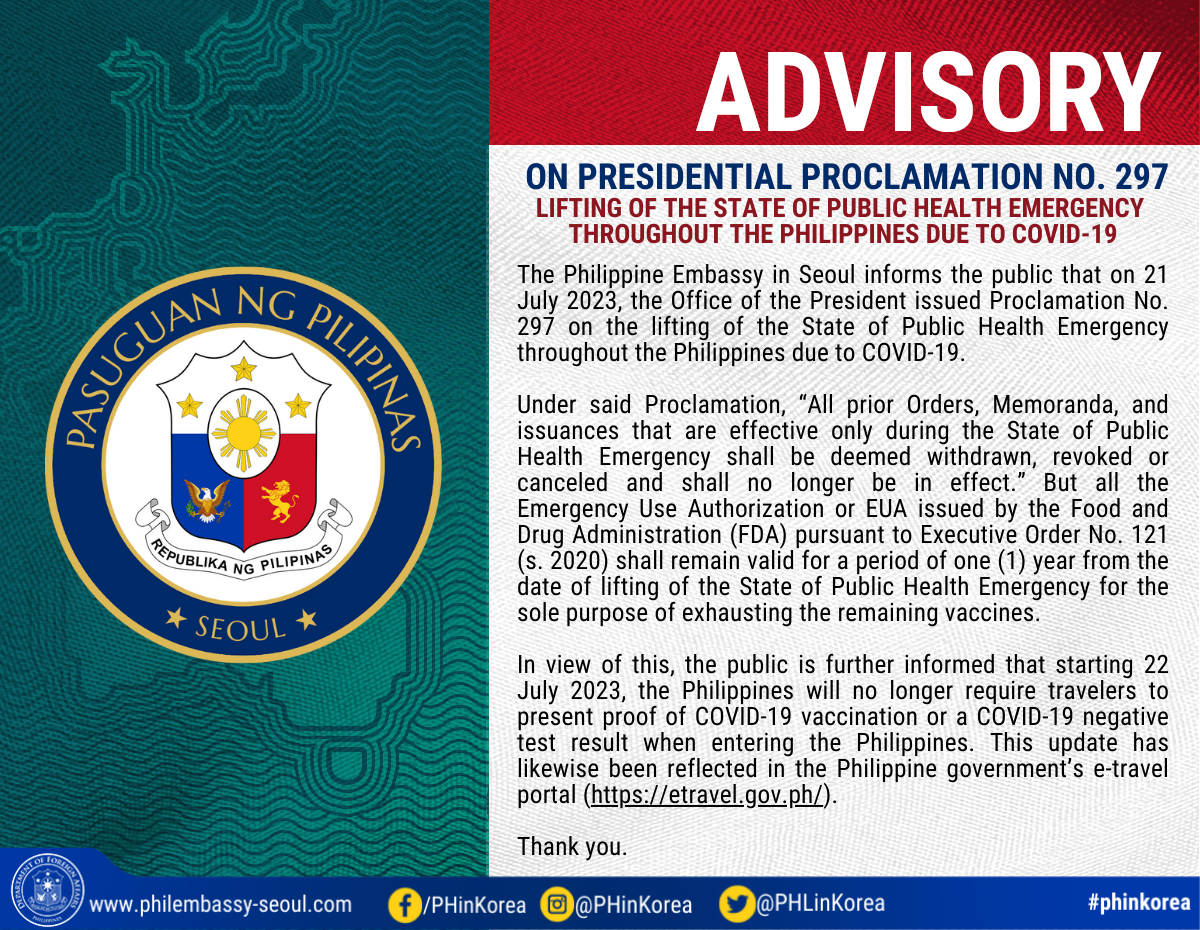 AD MTD 072423 21 Proclamation 297 Lifting of the State of Public Health Emergency throughout the Philippines due to COVID 19