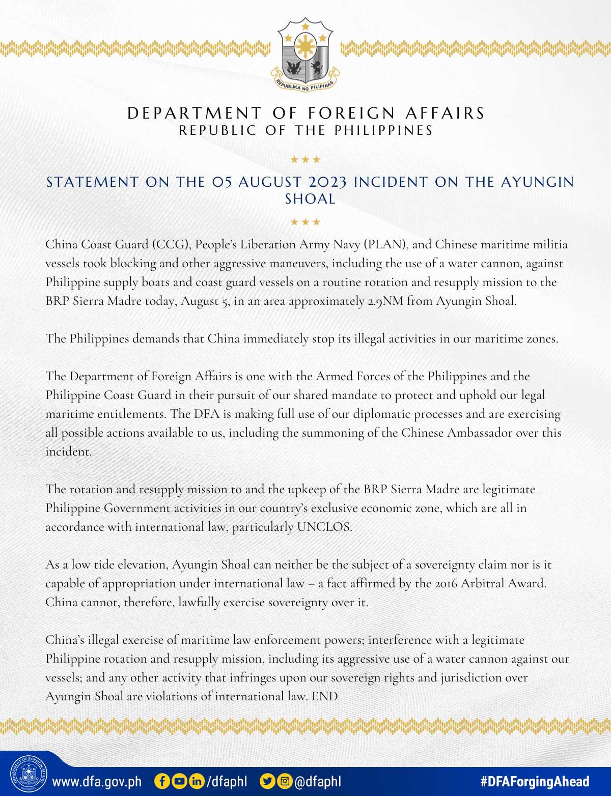 AN MTD 080823 DFA Statement on Ayungin Shoal 05Aug2023