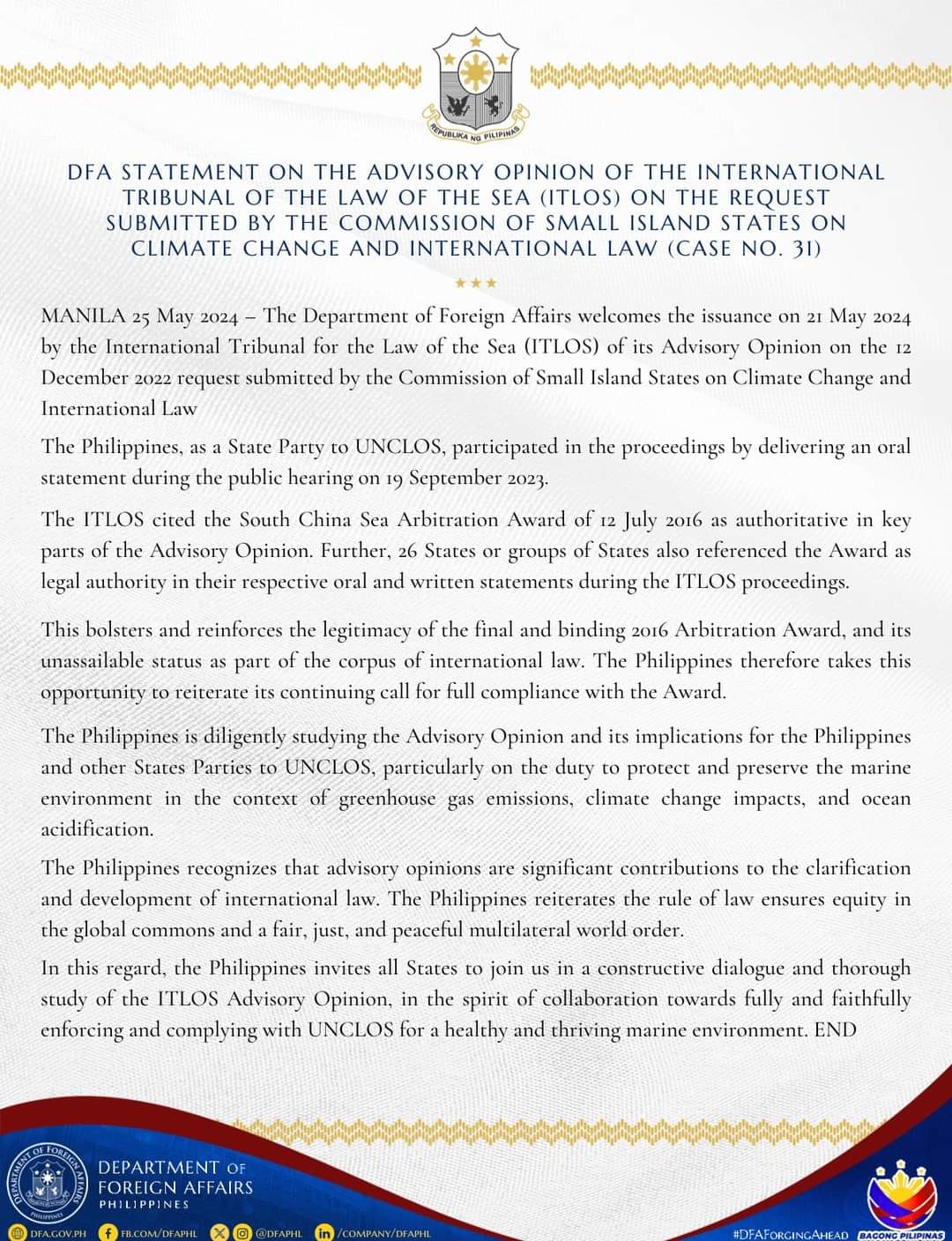 DFA Statement 25 May