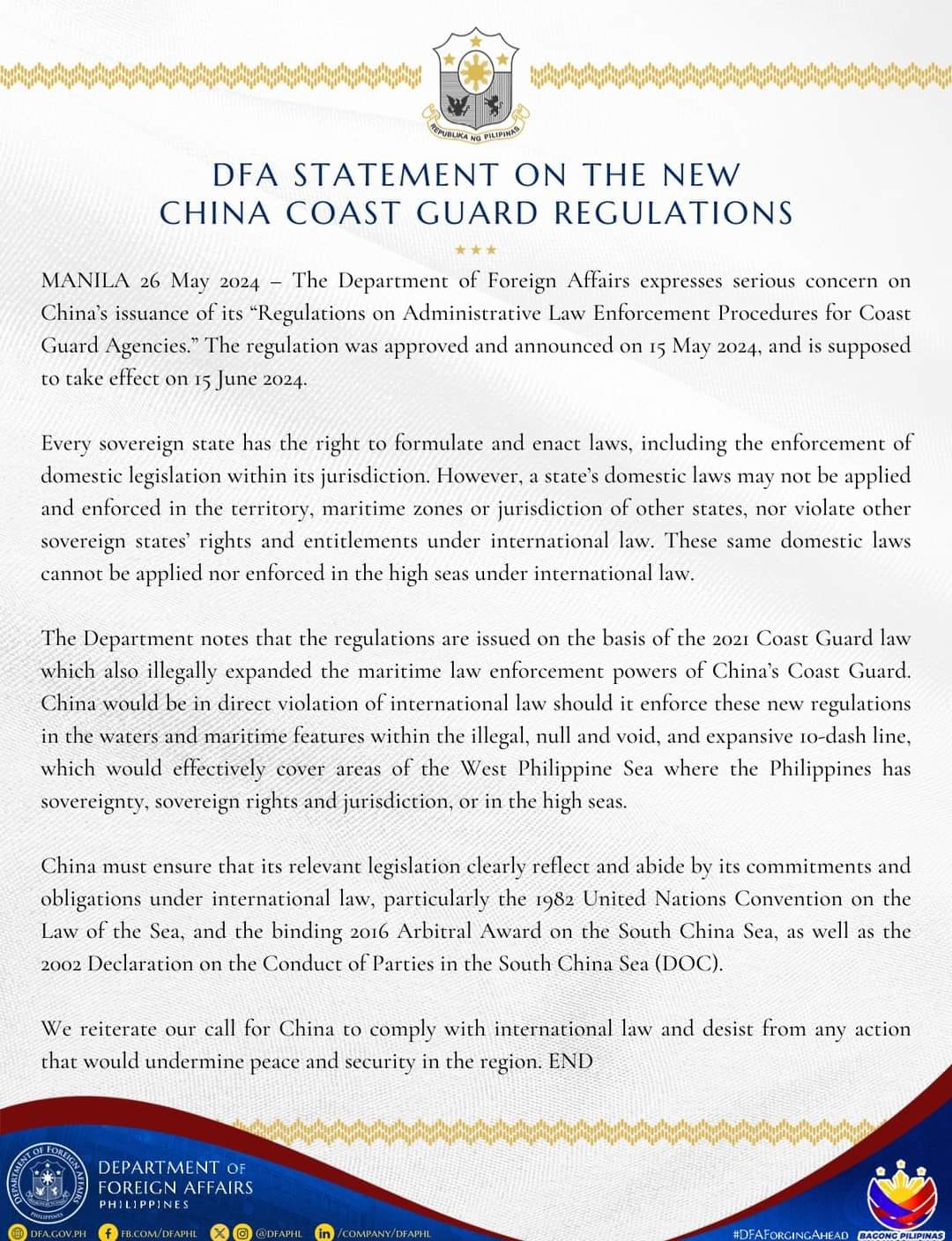 DFA Statement 26 May