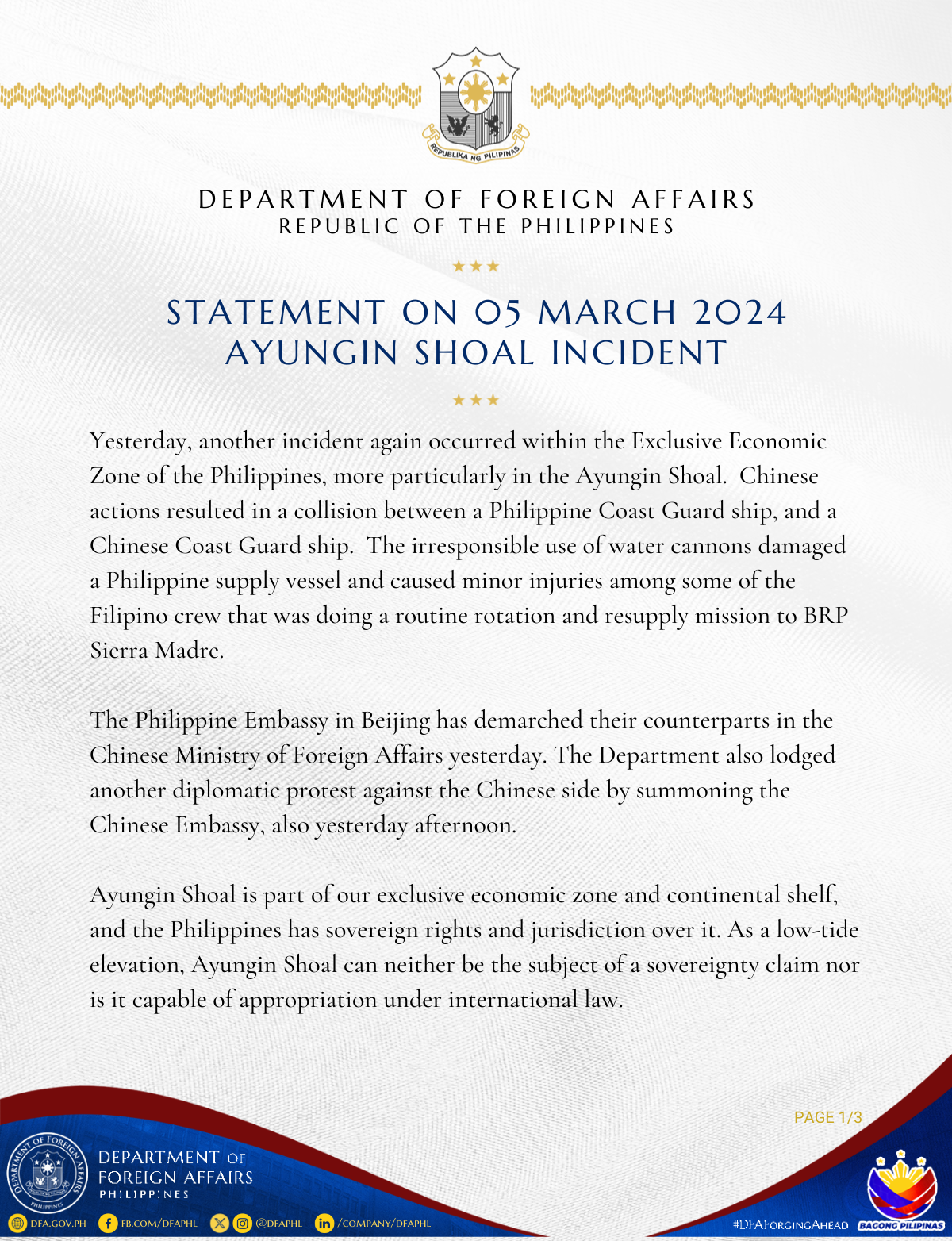 Page 1 DFA Statement on March 5 Ayungin Incident