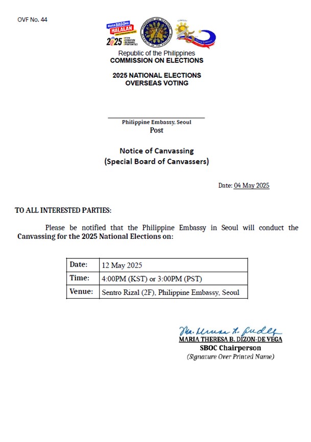 Notice of Canvassing for the 2025 Philippine National Elections