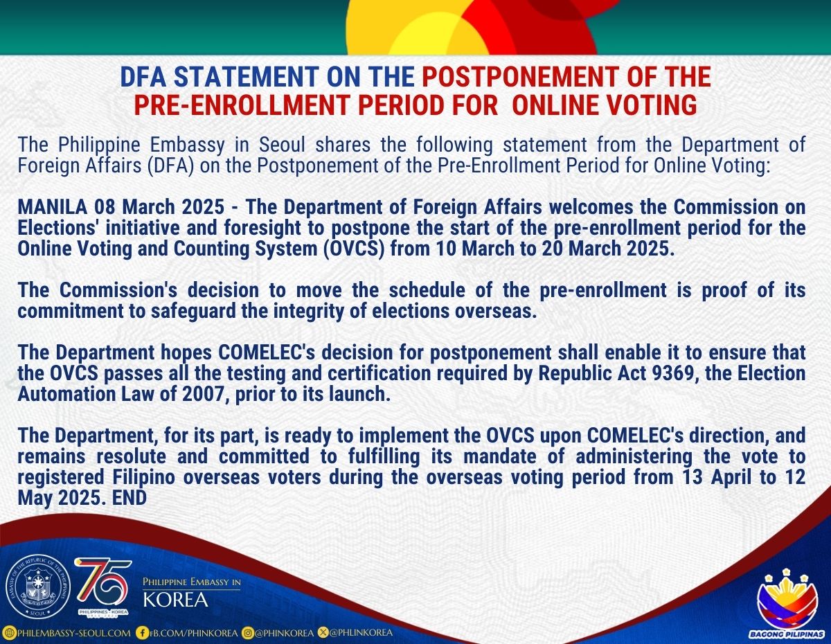 DFA Statement 08 March 2025 Postponement of Pre Enrollment Period