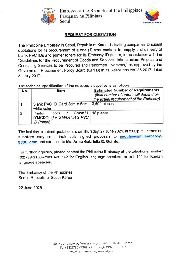 RFQ and TOR for Embassy ID Supplies 22 June