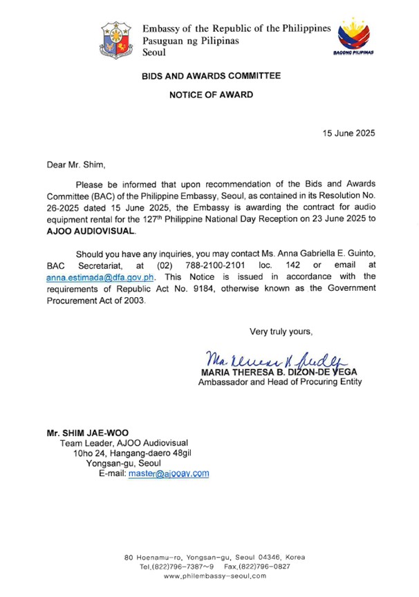 NOA Audio Equipment Rental for Natl Day Reception 15 June