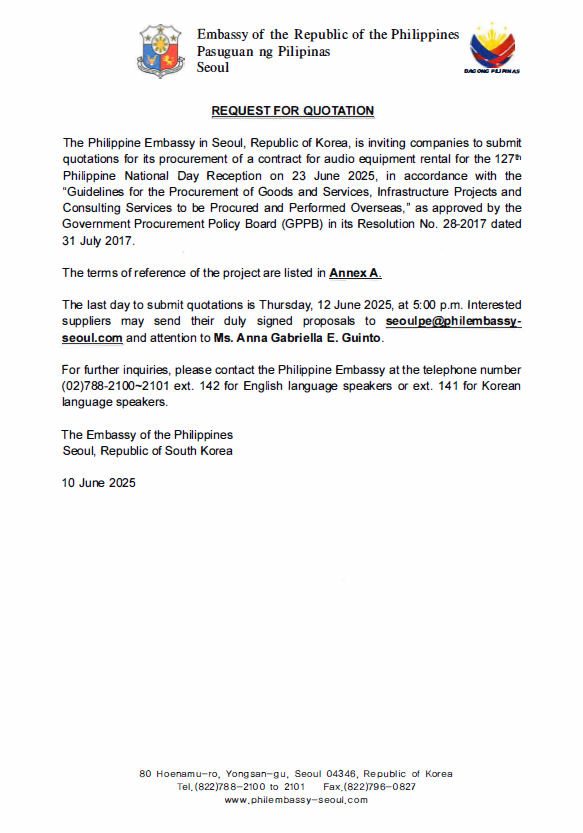 RFQ and TOR for Audio Equipment Rental for PH National Day Reception