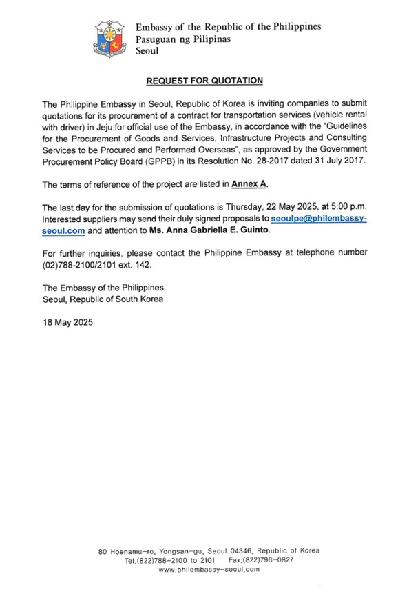 RFQ and TOR for Vehicle Rental for Jeju Peace Forum 18 May