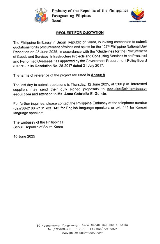 RFQ and TOR for Wines and Spirits for PH National Day Reception