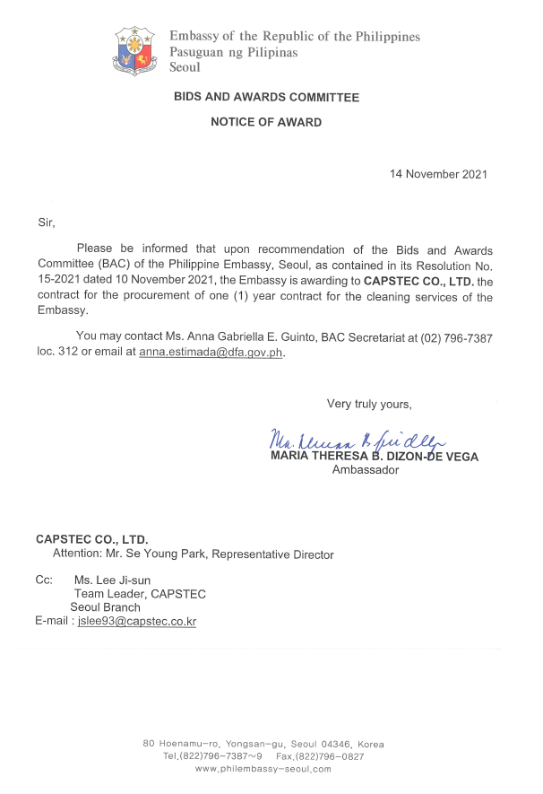 NOA to CAPSTEC for Cleaning Services 14 November 2021