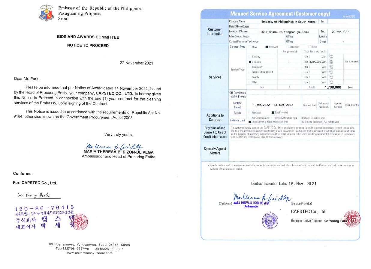 NTP Capstec 1 year contract for the cleaning services of the Embassy