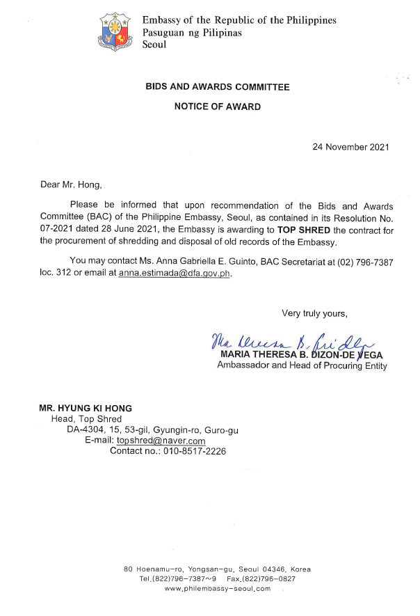 Notice of Award Top Shred 25 November 2021