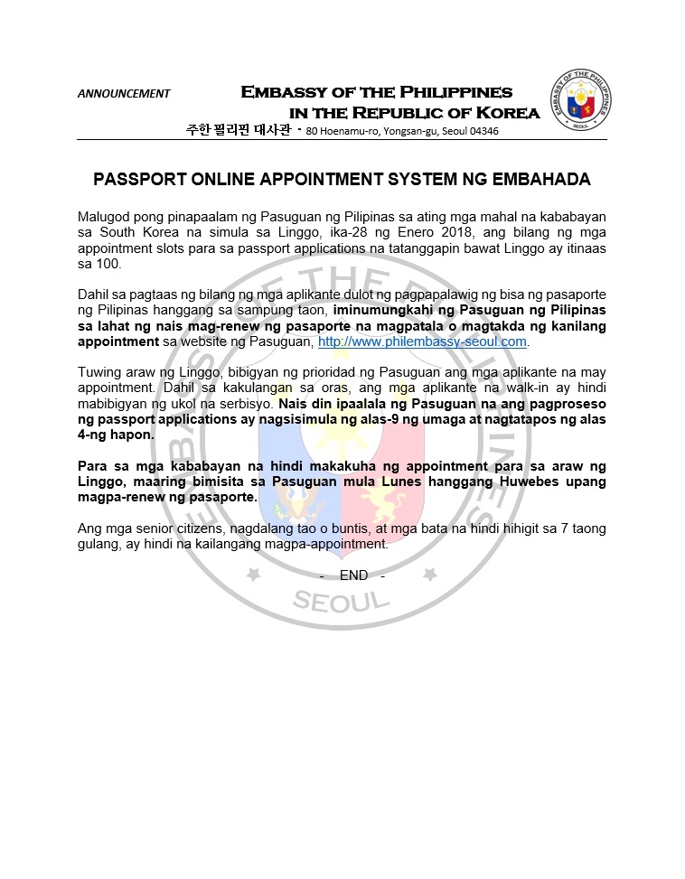 Announcement Passport Appointment Filipino