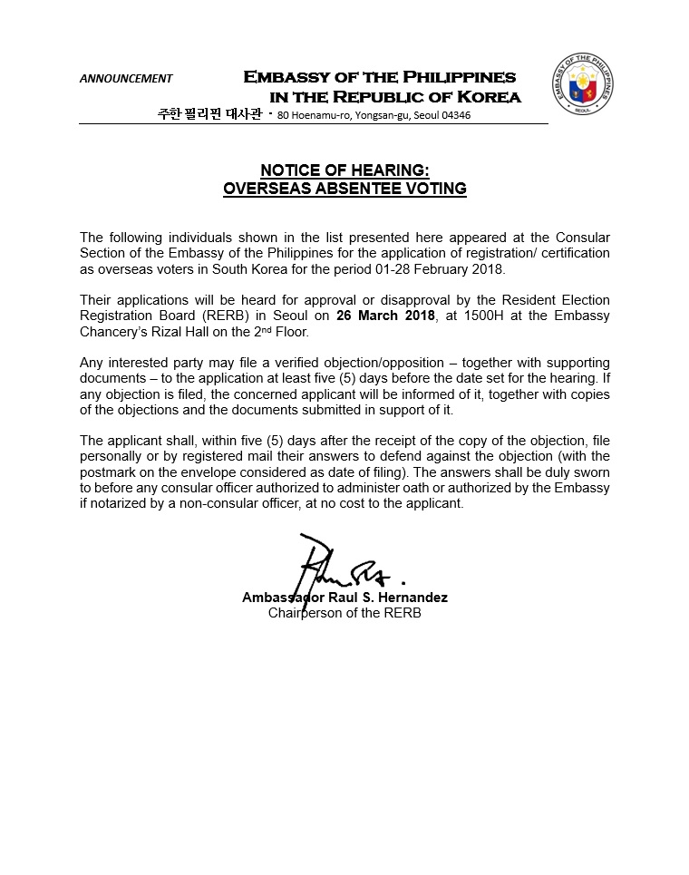 Notice of Hearing Mar 2018